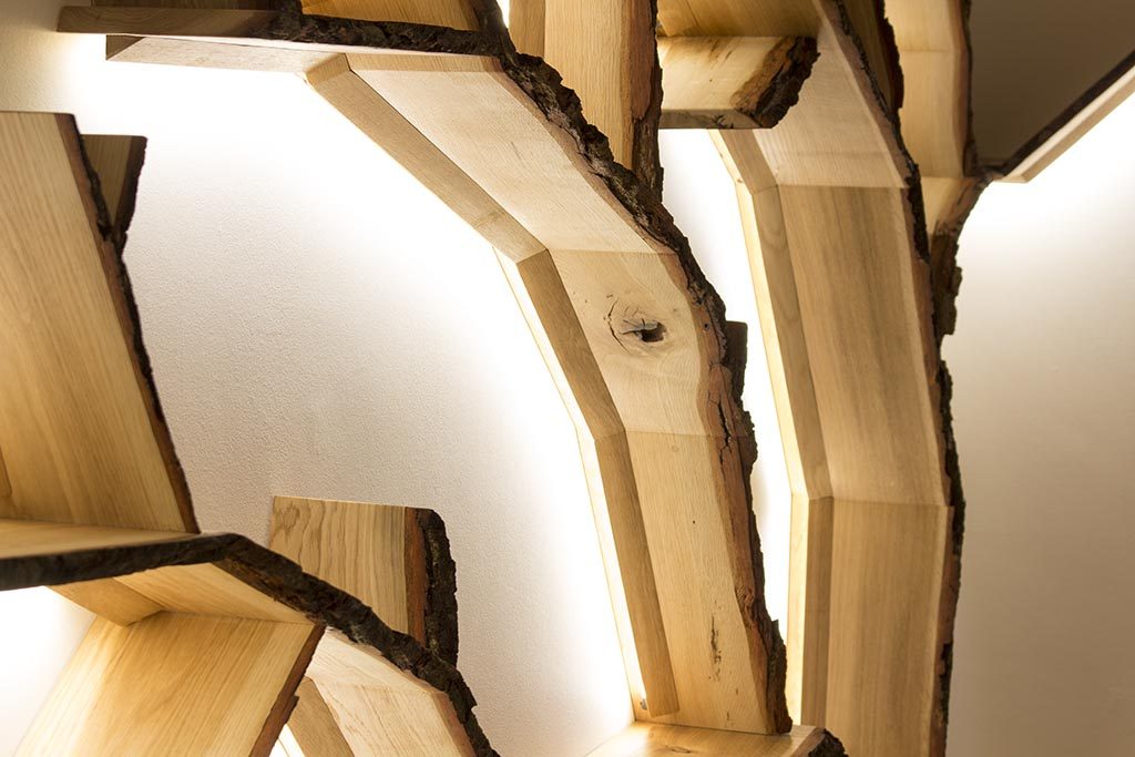 Staircase Feature Wall Oak Tree Shelf With Lighting BespOak Interiors