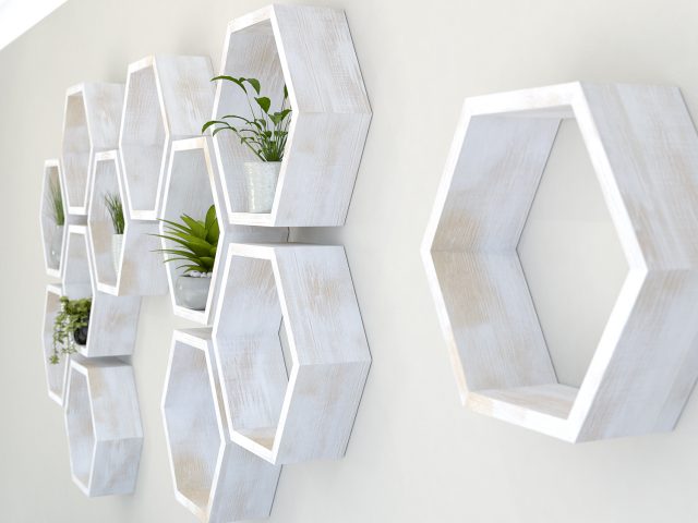 White hexagon shelves rustic white painted aged oak hexagon shelf honeycomb shelf geometric shelf hex shelf wall shelves